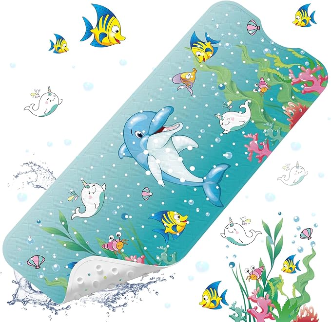XIYUNTE Baby Bath Mat for Tub Non Slip Kids Bath Mat - 40''x16'' Extra Long Cartoon Dolphin Baby Bath Tub Mat Eco-Friendly Toddler Bath Mats with Suction Cups & Drain Holes Easy to Clean & Easy Drying
