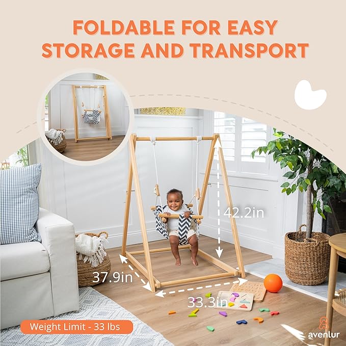 Avenlur Spruce Baby and Toddler Swing with Stand - Foldable Baby Swing - with Seat Belt and Padded Pillow - Free Standing Toddler Swing for Children 6 Months to 3 Years - Montessori and Waldorf Style