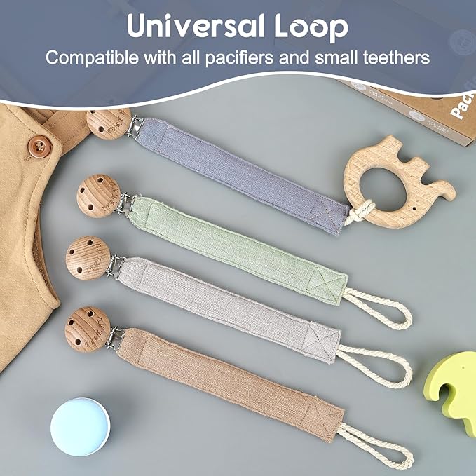 TYRY.HU Ribbon Pacifier Clip Holder,4 Pack Binky Paci Holder Clips, Pacifier Leash for Boys and Girls, Soft Webbing Strap Universal Fits for Most Pacifier, Styles & Teethers(Khaki,Grey,Blue,Green)