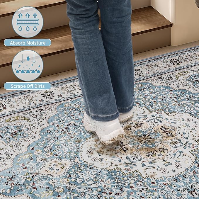 Ciicool Oriental Area Rug 5x7 for Living Room Washable Rugs Blue Floral Medallion Large Rugs Non-Slip Low-Pile Mat Floor Carpets Vintage Rug for Dining Bedroom Foyer Decor (Sky/Baby Blue)