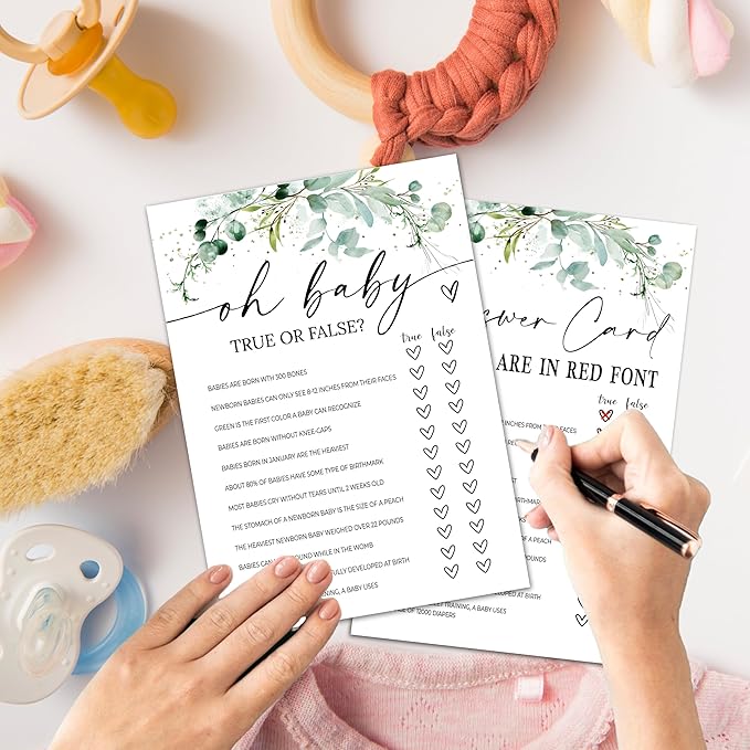 Greenery Baby Shower Game Cards - Set of 30 True Or False Game - Double Sided Print Baby Announcement Gender Reveal Card for Parents to Be - Baby Shower Party Activities Supplies - A05