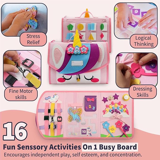 PUTSKA Busy Board Montessori Toys, Busy Book for Toddler Girl 3+ Years, Sensory Toys, Educational Learning Activities for Learning Fine Motor Skills, Kids Travel Essentials, Birthday Gift for Girls