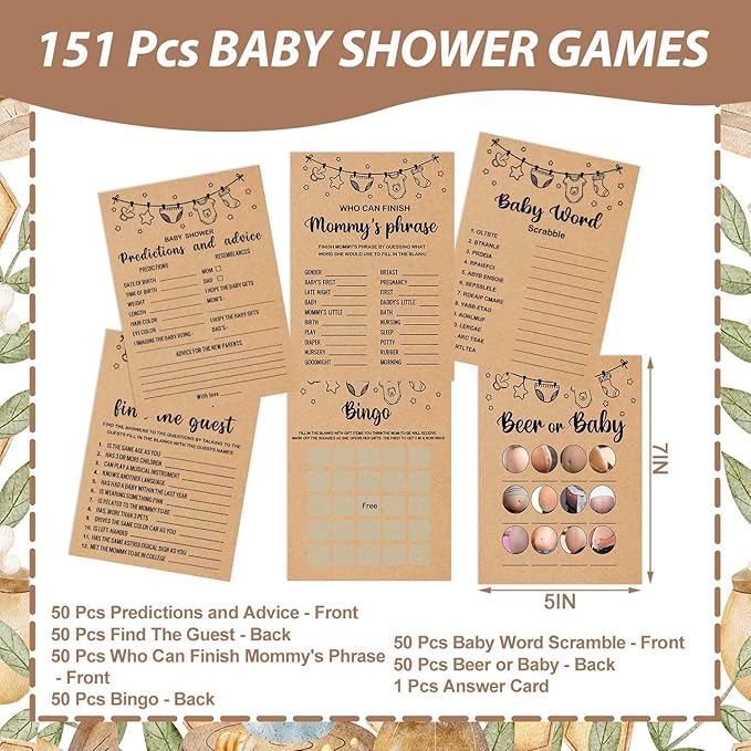 Baby Shower Games Bundle for 50 Guests, 6 Fun Activities: Find the Guest, Predictions, Finish Mommy's Phrase, Beer or Baby, Word Scrabble, Bingo