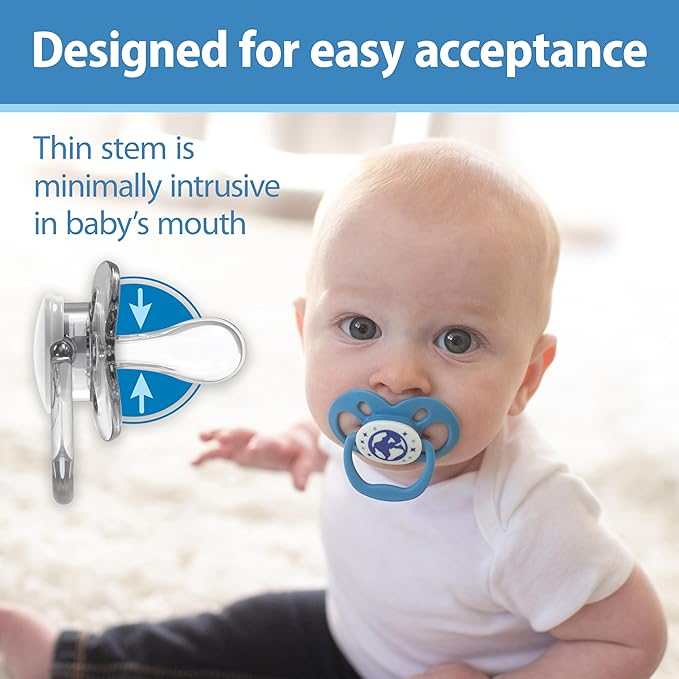 Dr. Brown's Advantage Glow-in-The-Dark Baby Pacifier, Fully Symmetrical Soother with Soft Silicone Bulb, Skateboard Snail-Blue Nature, 6-18m, BPA Free, 4 Pack