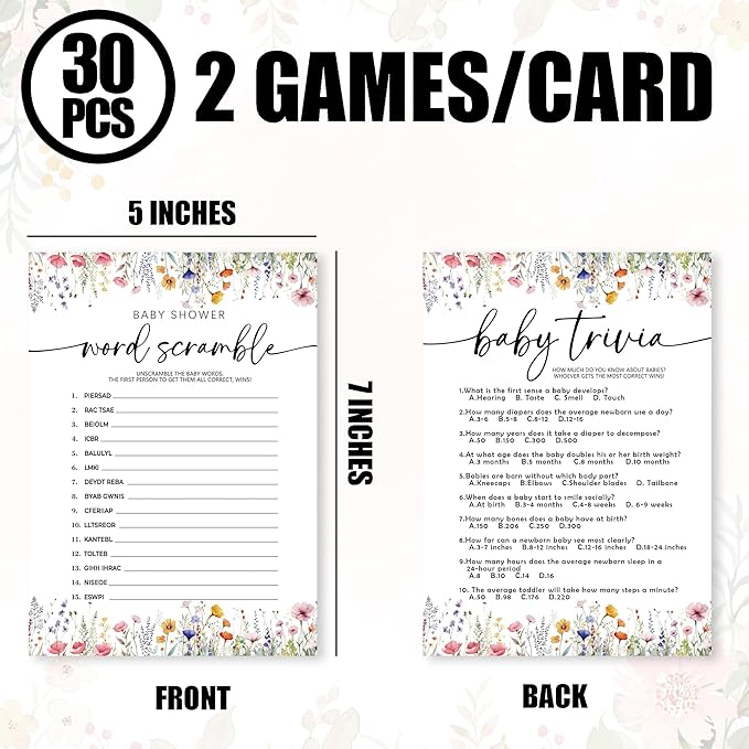 Wild Floral Baby Shower Game - Word Scramble,Baby Trivia-2 Games, 30 Pcs Double Sided Theme Game Cards With 1 Answer Card For Boy Girl, Gender Reveal Games, Baby Shower Favor And Decorations - A06