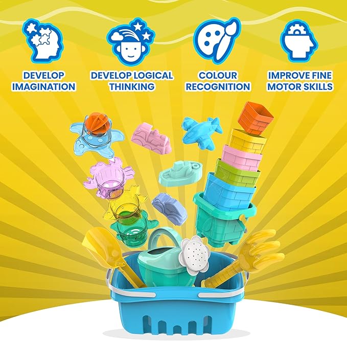 Splash & Sand Adventure Set – Beach Toys for Toddlers with 18 Pcs Stacking Cups, Watering Can, Bucket, Shovels, Rake, Toy Car Sand Moulds & Storage Basket, Summer Toys for Kids Ages 1+