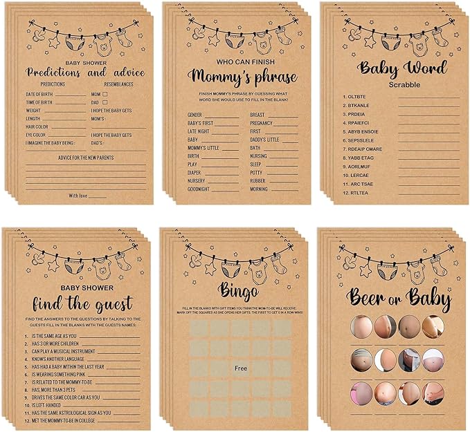 Baby Shower Games Bundle for 50 Guests, 6 Fun Activities: Find the Guest, Predictions, Finish Mommy's Phrase, Beer or Baby, Word Scrabble, Bingo