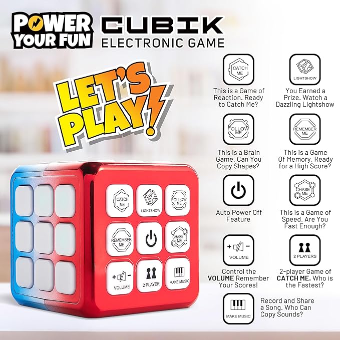 Power Your Fun Cubik LED Flashing Cube Memory Game - Electronic Handheld Game STEM Toy, 5 Brain Memory Games for Kids Brain Play Sensory Toys Puzzle Fidget Toy Light Up Cube (Metallic Red/Blue)