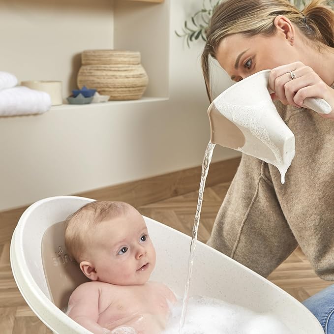 ECO Newborn Baby Bath | Recycled Material with Built-in Support Bump and Soft Backrest | Suitable from Newborn | Includes Water Plug | Cookies and Cream Colour | Beige Taupe Speckled
