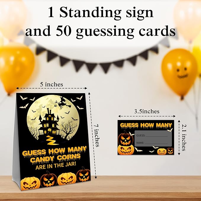 Halloween How Many Candy Corns Are In The Jar - 1 Standing Sign & 50 Guessing Cards - Halloween Funny Pumpkins Party Game & Decoration For Boys, Girls, Adults - Baby Shower, Birthday Game Set - A06