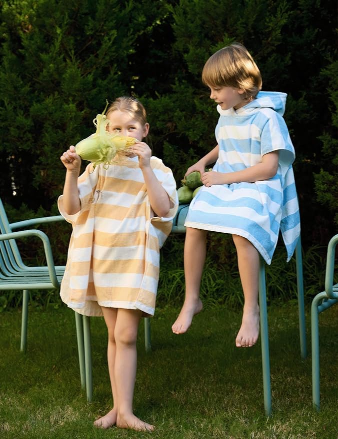 Toddler Bath Towel Poncho Thick Cotton Striped Beach Towels for Kids Gifts (2-6, Green)