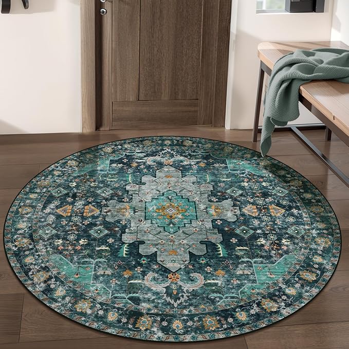 Ciicool Washable Area Rug Round 4’x4’ Teal Boho Bedroom Non-Slip Oriental Entry Throw Low-Pile Indoor Floor Carpet for Living Room Laundry Foyer Decor (Teal/Multi)