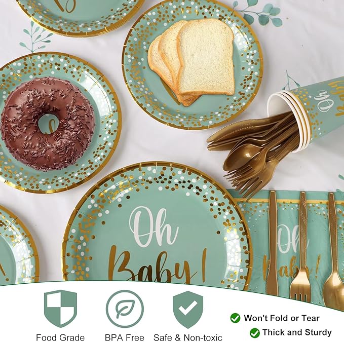 141PCS Sage Greenery Baby Shower Party Supplies Disposable OH Baby Tablecloth Paper Plates Napkins Cups Knives Spoons Forks for Boy Girl Birthday Party Decorations Serve 20