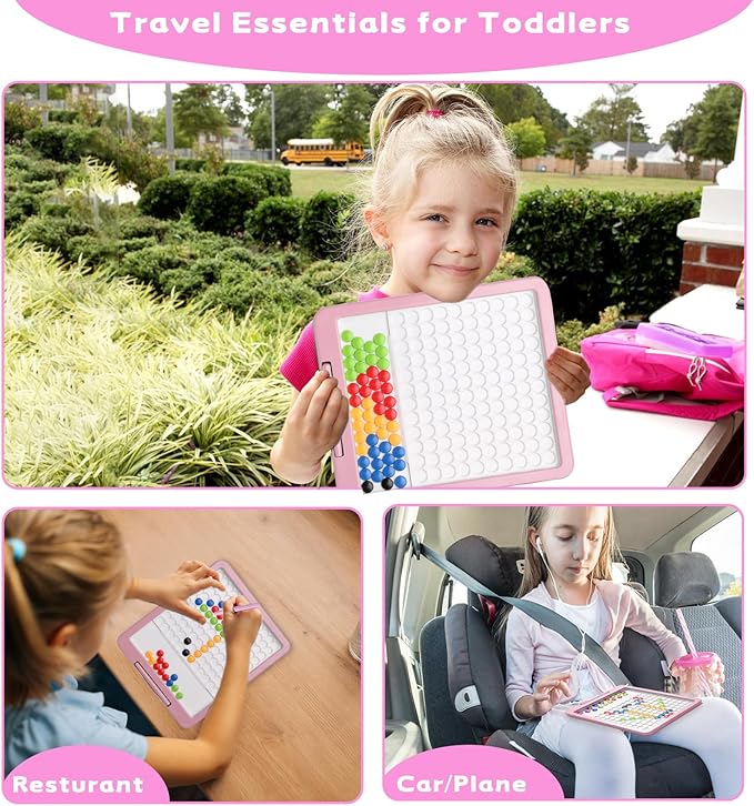 Magnetic Drawing Tablet, Magnetic Doodle Board for Kids with Dot Beads and Pattern Book, Montessori Educational Travel Toy for Boys and Girls 3 4 5 6 Years Old (Pink)