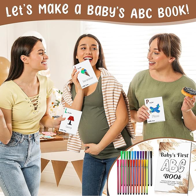 Geelin 51 Pcs Fun Baby Shower Game Activities First Abc Book Sign Coloring Game Card 26 Alphabet a to Z Coloring Card with 24 Watercolor Pen Storage Bag for Baby Shower Party(Boho)