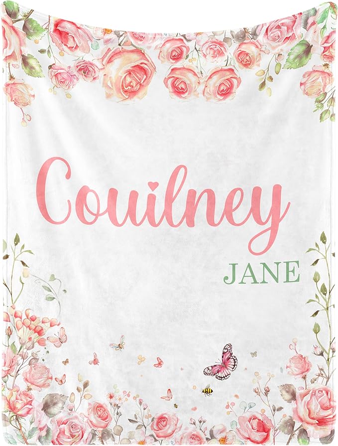 Ship Next Day, Personalized Baby Blanket for Girls- Printed in USA, Custom Baby Blankets with Name Floral Rose Blanket for Infant Newborn Shower(Rose)
