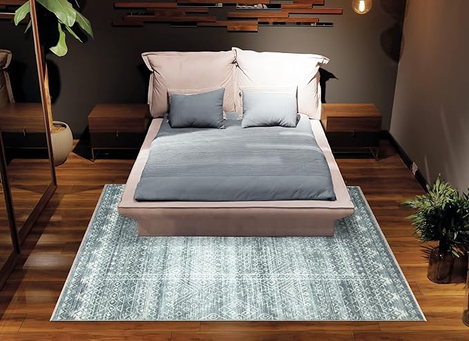 Bloom Rugs Caria Washable Non-Slip 8x10 Rug - Teal/Ivory Geometric Area Rug for Living Room, Bedroom, Dining Room, and Kitchen - Exact Size: 7'8" x 10'