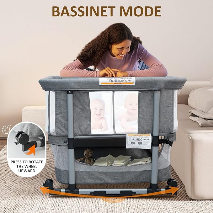 Twin Bassinet for 2 Babies, Double Bassinet for Twins, Rocking Bassinet with Wheels and Storage Basket, Full-Mesh Sides, 5-Height Adjustable, Portable and Stable Baby Crib (Standard Grey)