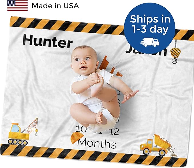 MDPrints Global Personalized Twin Milestone Blanket, Custom Monthly Baby Blankets with Name for Boys and Girls, 30x40 & 50x60inch Soft Plush Fleece (Tractor 536)