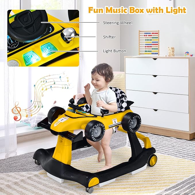 HOMGX Baby Walker with Wheels, Convertible Baby Push Walker & Race Car Mode, Infant Activity Center with Music Box, 3 Heights & 2 Speeds, Foldable Walkers for 6-18 Months (Yellow)
