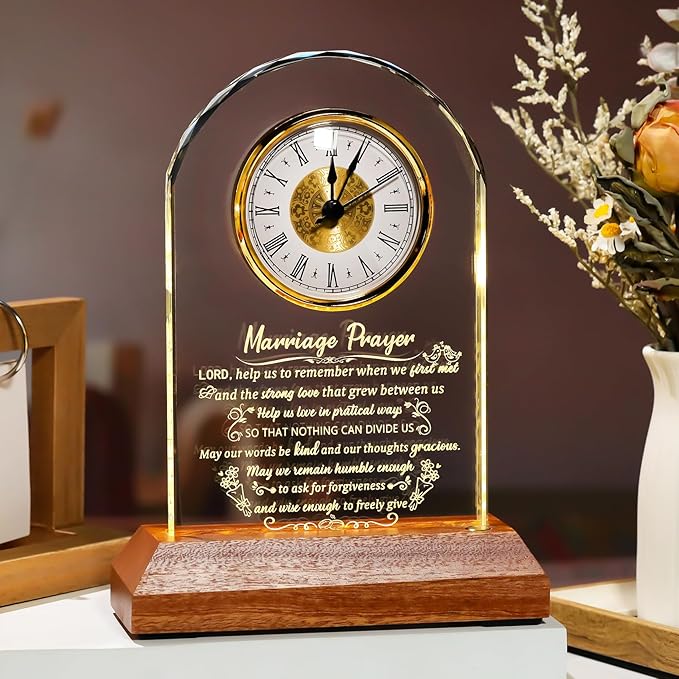 Glass Clock Wedding Gifts for Couples 2025 with Wooden Light Base, Happy Anniversary Marriage Prayer Gift with Inspiring Quotes, Unique Newlywed Mr and Mrs Gifts, Engagement Presents for Home
