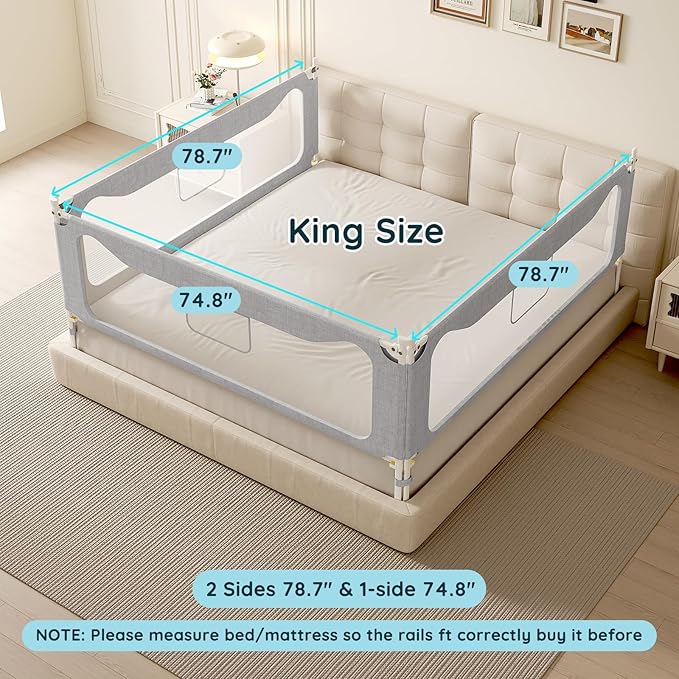 King Size Toddler Bed Rail: 3-Side Protection Bedrail for King Bed - Extral Tall Adjustable Child Safety Side Railing Guards for Infants Kids Child(78.7x78.7X 74.8”)