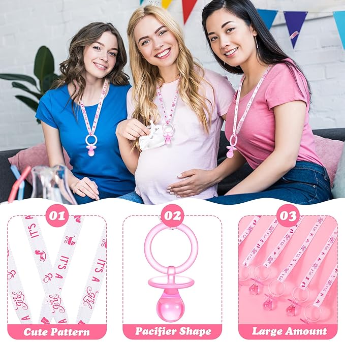 Chengu 100 Pcs Baby Shower Pacifiers Necklace, Acrylic Pacifiers Necklace Charm for Gender Reveal Party Decorations(Pink)