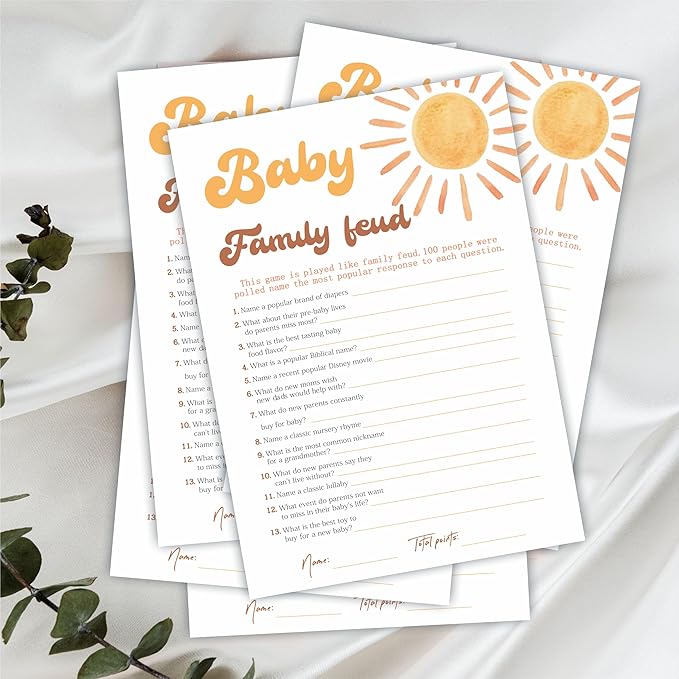 Baby Family Feud Game Set For Baby Shower - Watercolor Sunshine - 30 Double-Sided Fill In Style Game Cards With Answer Cards, Gender Reveal, Baby Announcement, Party Favor & Supplies - B04