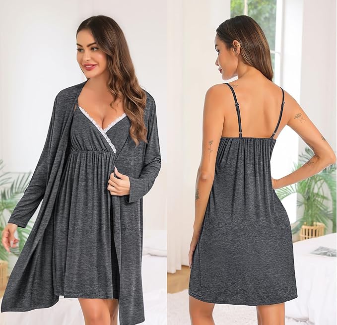 SWOMOG Womens Maternity Robe 2 Piece Nursing Nightgown for Breastfeeding 3 in 1 Labor Delivery Nursing Dress Lace Bathrobe