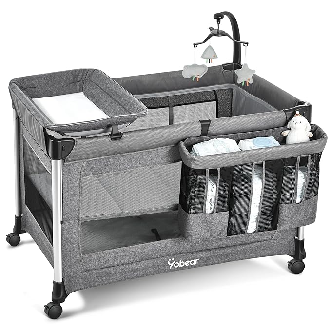 Extra Large Pack and Play with Mattress - One-Push Setup Playard - Baby Bassinet Bedside Crib with Diaper Changer & Storage Bag from Newborn to Toddler (Grey)
