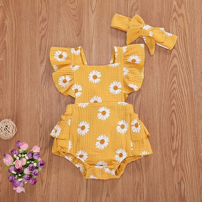 Baby Girls Floral Cotton Leotard Romper Newborn Daisy Playsuits Ruffled Sleeve Onesie Infant Jumpsuit Clothes Headband