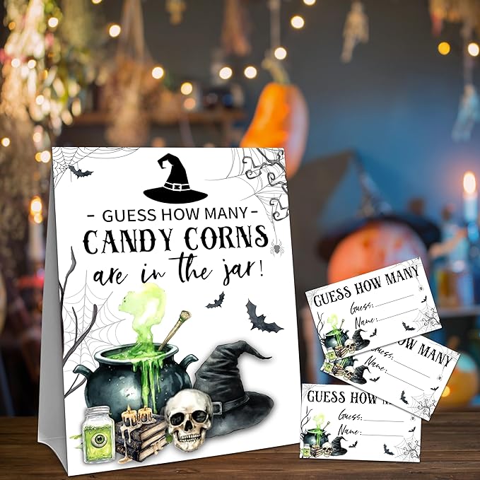 Halloween How Many Candy Corns Are In The Jar - 1 Standing Sign & 50 Guessing Cards - Halloween Witch Theme Party Game & Decoration For Boys, Girls, Adults - Baby Shower, Birthday Game Set - A07