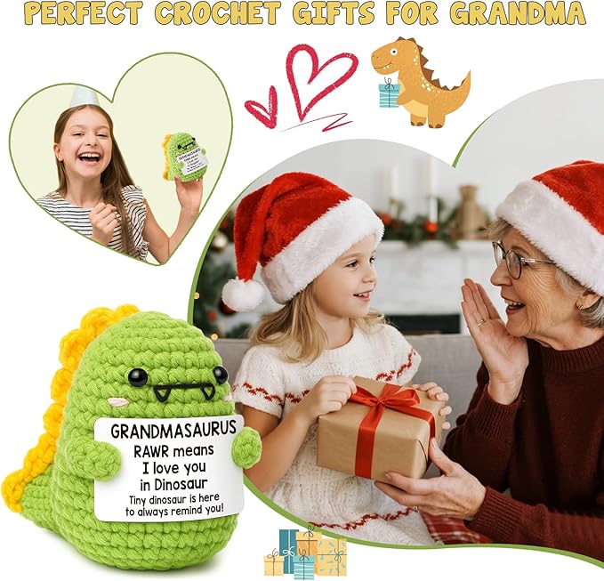 Mini Birthday Gift for Grandma from Granddaughter Grandson I Love You Grandmother Best Ever Grandparents Day Handmade Crochet Small Dinosaur Thanksgiving Day Presents for Great Grandma Nana Gigi