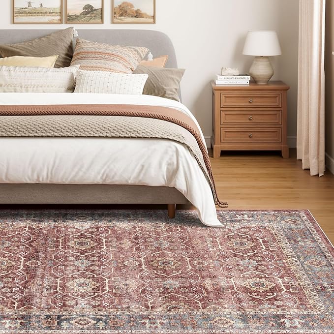Dripex Vintage Washable Area Rug - 4x6 Distressed Rugs for Living Room Bedroom Oriental Medallion Floral Print Carpet Low-Pile Indoor Soft Non-Slip Accent Rug Farmhouse Office Home Decor
