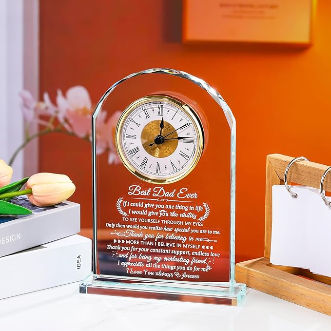 Glass Clock Gifts for Dad from Son Daughter Personalized I Love You Gift for Dad Who Has Everything on Birthday Father's Day, Presents for Daddy on Christmas Home Desk Clock