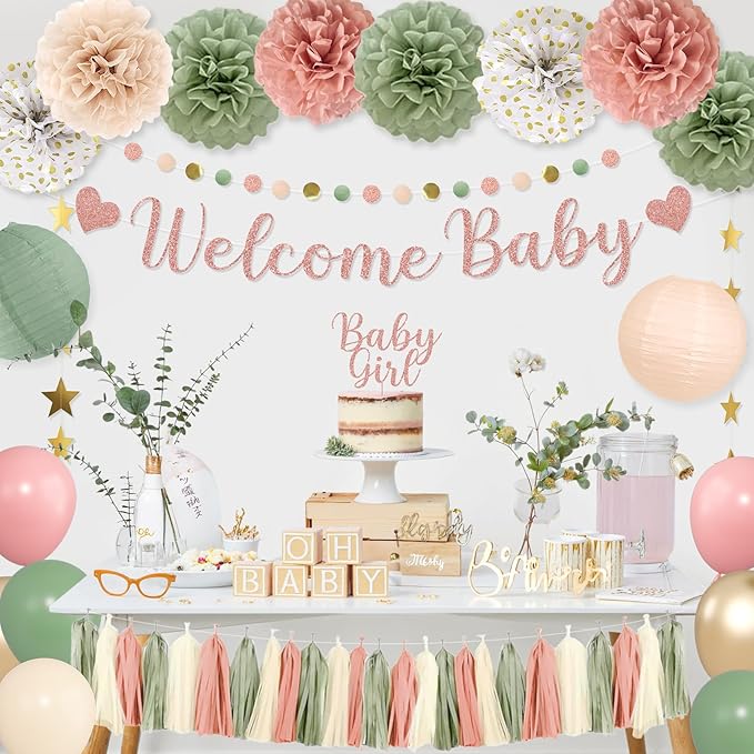 Amandir Girl Baby Shower Decorations Pink Sage Green Balloons Welcome Baby Banner, Cake Topper, Paper Lanterns, Pom Poms Flowers Tassels, Circle Dots Star Garland Gender Reveal Birthday Party Supplies
