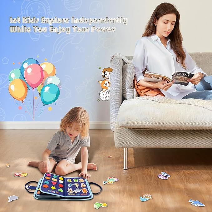 Toddler Busy Board Montessori Toys - Quiet Book for Boys Girls Toddlers Birthday Gift, Busy Book for Learning Fine Motor Skills Educational Activities, Sensory Travel Toy for Airplane & Car (Blue)