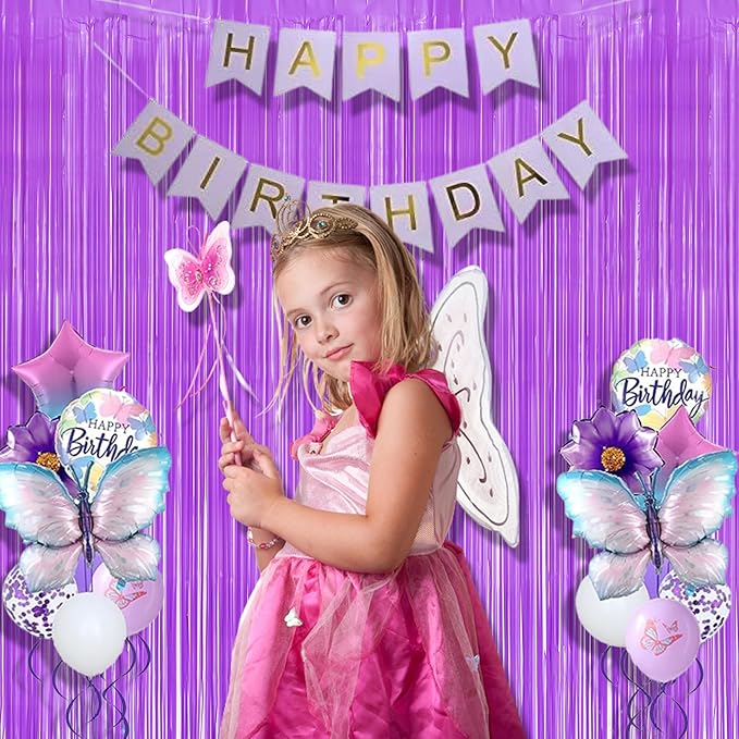 BRAVESHINE Tinsel Photo Backdrop Curtains - 2Pcs 3.2x8.2ft Pastel Purple Foil Fringe Streamer Curtain for Halloween/Easter Birthdays Bachelorette Valentines Mermaid Butterfly Party Decorations