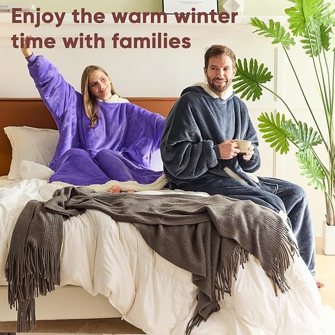 yescool Wearable Blanket Hoodie, Flannel Sherpa Fleece Blanket Sweatshirt for Adults Women Men, Big Plush Cozy Hooded Blanket with Hood, Pocket & Sleeves, Oversized, One Size Fits All (Purple)