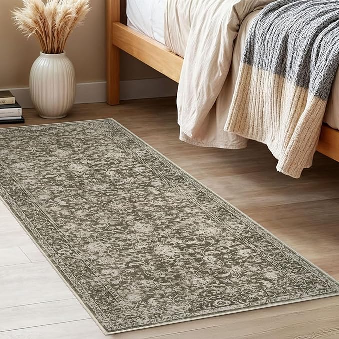 KILOCOCO Hallway Runner 2x5 Kitchen Runner Rug Printed Vintage Floral Washable Non-Slip Runners for Hallways Laundry Room Rugs Distressed Boho Rug Runners for Bedroom, Taupe/Green