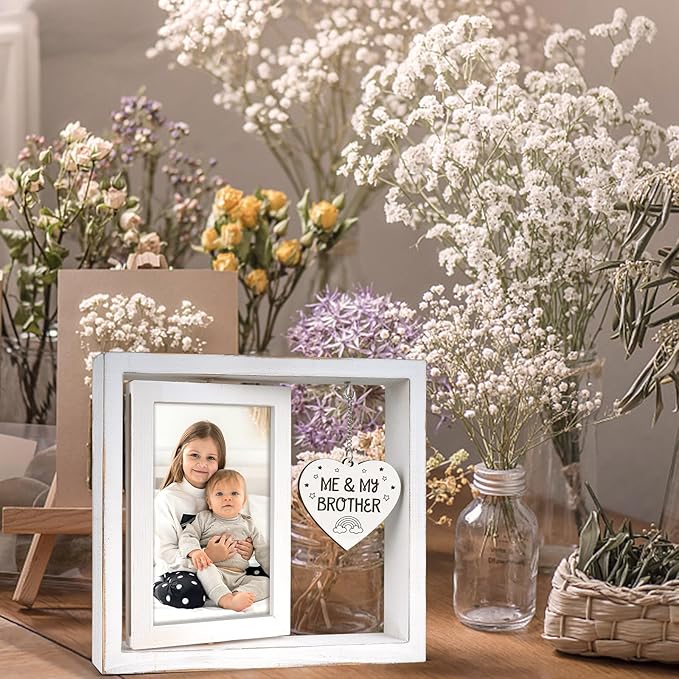 Me and My Brother Picture Frame,Baby Gifts for Boys,Heartfelt Big Brother Sister & Little Brother Keepsake Gift,Baby Room Decor Vintage Style Rotating Photo Frame 4x6