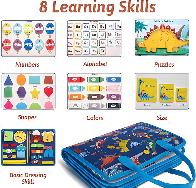 Busy Board for 1 Year Old Sensory Toys for Toddlers 1-3 Montessori Learning Busy Book for Boys Girls Preschool Toys Gift (Dinosaur)