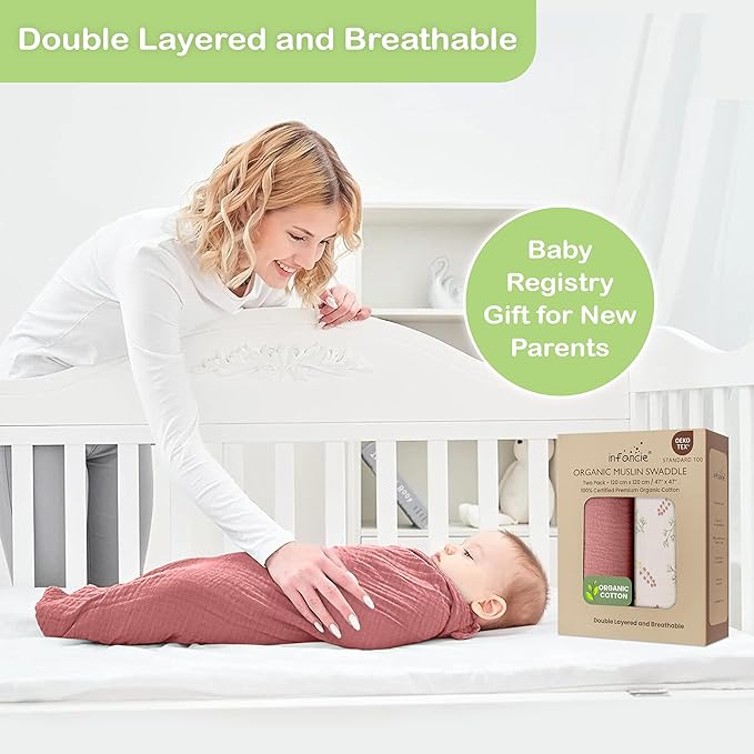 Organic Cotton Muslin Baby Blanket - 47x47 Inch Breathable Swaddle, Hypoallergenic Double-Layer, Versatile Use (Pink Floral, 47x47 Inch)