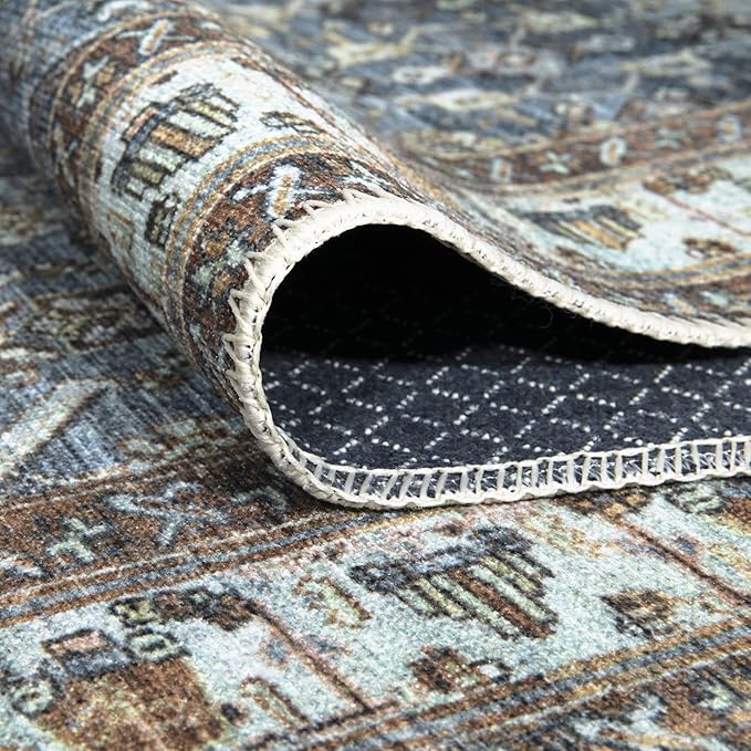 Bloom Rugs Washable Non-Slip 7 ft Runner - Blue/Beige Traditional Runner for Entryway, Hallway, Bathroom, and Kitchen - Exact Size: 2.5' x 7'