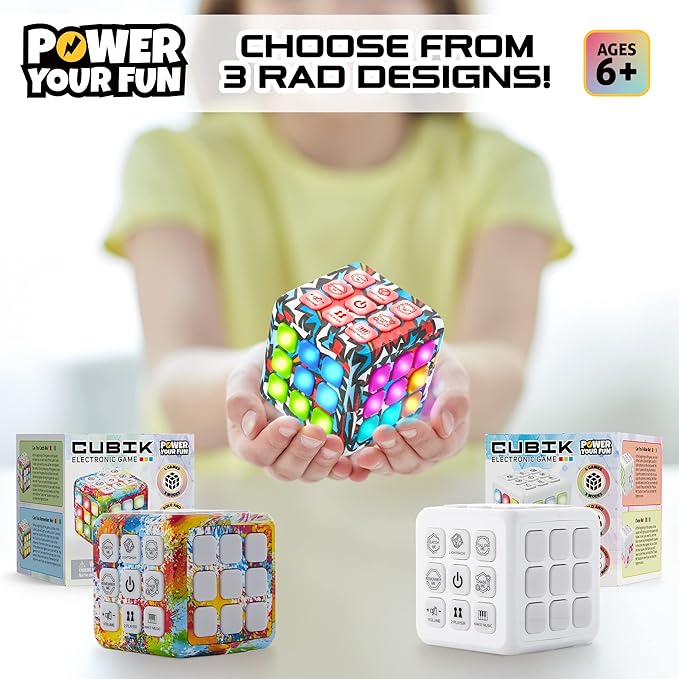 Power Your Fun Cubik LED Flashing Cube Memory Game - Electronic Handheld Game, 5 Brain Memory Games for Kids, STEM Sensory Toys Brain Play Puzzle Fidget Light Up Cube Stress Relief Fidget Toy (Action)
