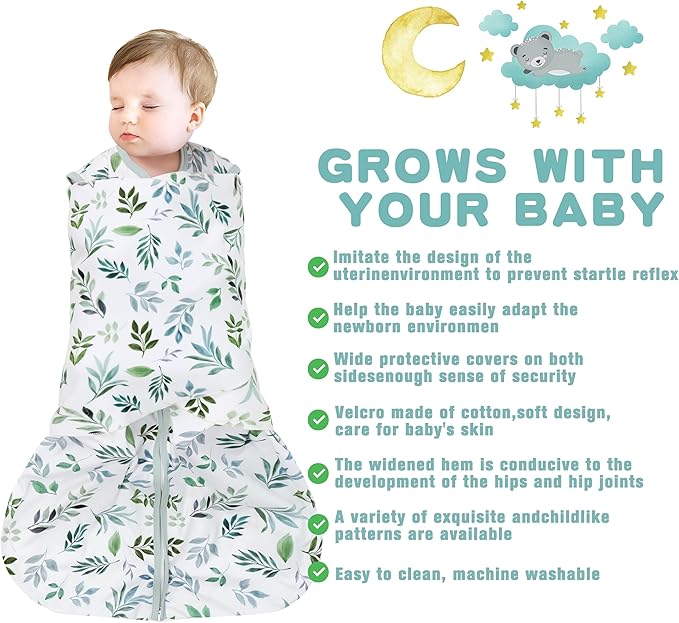 Newborn Sleep Sack Baby Swaddle,Swaddle me 0-3 Month,3-Way Adjustable Wearable Blanket,100% Rayon Cotton Swaddling Sleeping Bag,TOG 0.5 (Leaf, 0-3 Months)