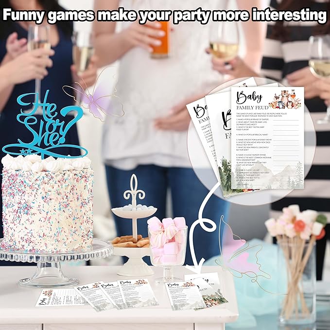 Baby Shower Games for Girl, 30 Safari Animals Baby Family Feud Game Cards + 1 Answer Card, Woodland Gender Reveal Party Decorations Supplies Favors - C06