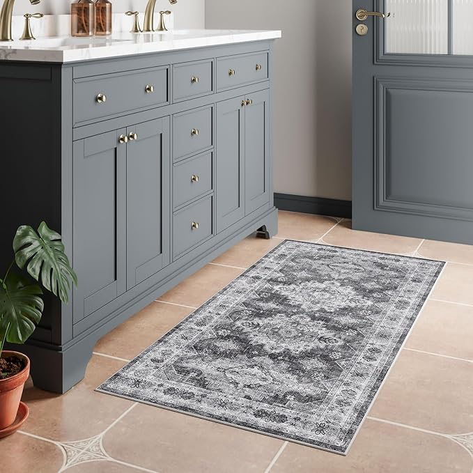 Dripex Vintage Washable Area Rug - 2x4 Indoor Door Mat Oriental Medallion Accent Throw Rug Distressed Foldable Non-Slip Low-Pile Bathroom Kitchen Rug for Entryway Laundry Room Living Room Bedroom