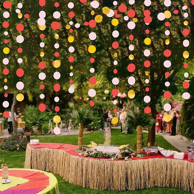 Gold Red Pink Party Decorations Circle Dots Garland Metallic Gold Light Pink with Watermelon Red Hanging Polka Dot Streamer for Women Girl Birthday Bridal Shower Wedding Engagement Hen Party Supplies