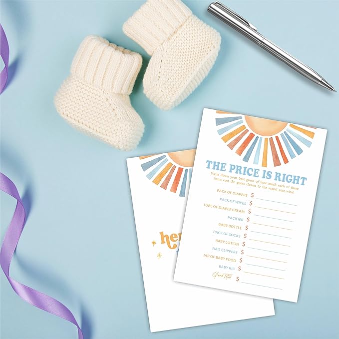 The Price Is Right Baby Shower Game Kit - Watercolor Retro Sun - 30 Double-Sided Fill In Game Cards For Baby Shower, Gender Reveal Party Favor, Activity & Supplies - B12